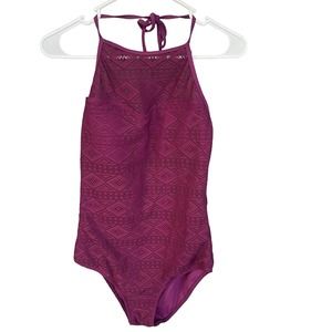 SO Swimsuit Womens Large Purple One Piece Halter Crochet Overlay